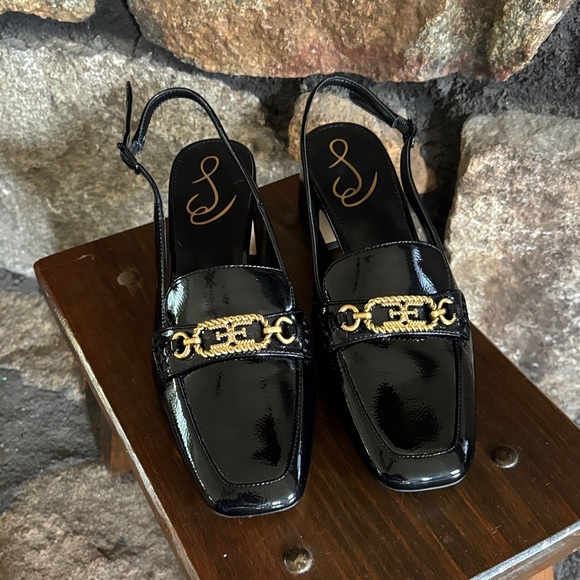 Sam Edelman 7.5 Elegant Black Patent Leather Slingback Loafers w gold accents - Picture 2 of 6